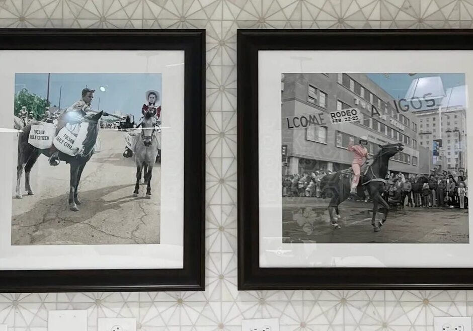 Two framed pictures of a man holding a bat and horse.