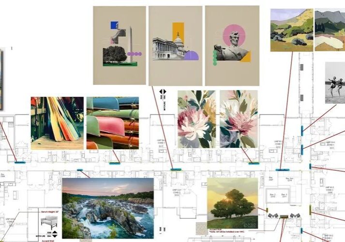 A series of photographs and paintings on the wall.